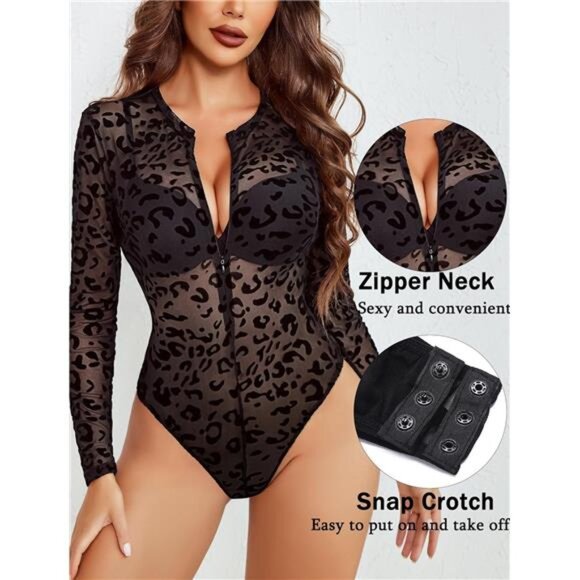 Womens Mesh Bodysuit Long Sleeve - Picture 2 of 6